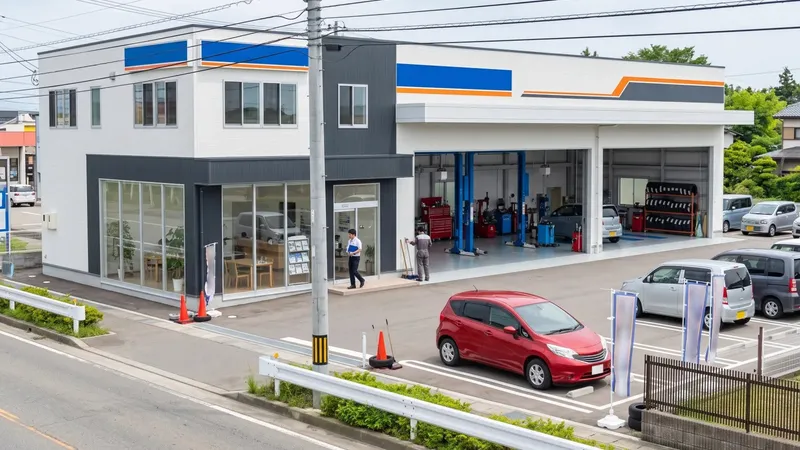 道路沿いにある整備工場と販売店の外観