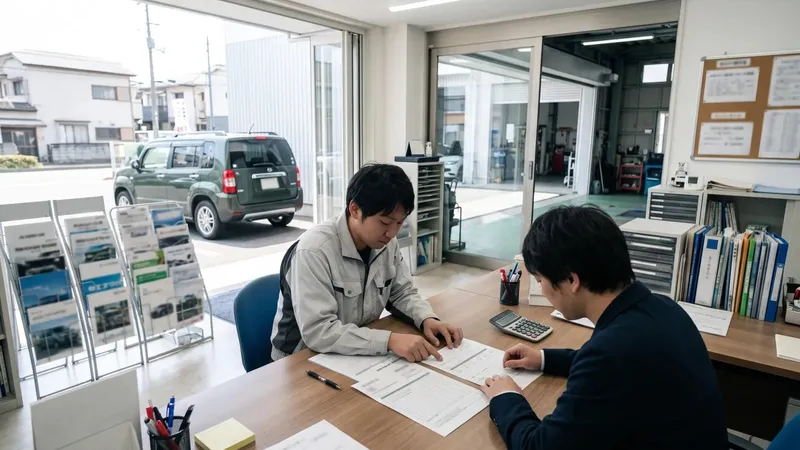店内の机で書類を見ながら話す2人